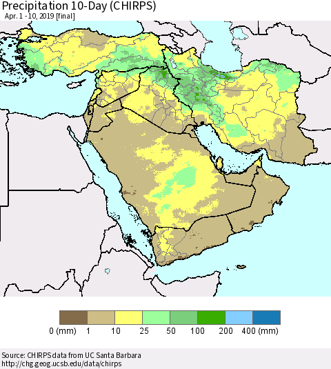 Middle East and Turkey Precipitation 10-Day (CHIRPS) Thematic Map For 4/1/2019 - 4/10/2019