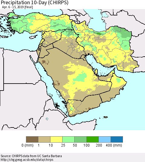 Middle East and Turkey Precipitation 10-Day (CHIRPS) Thematic Map For 4/6/2019 - 4/15/2019