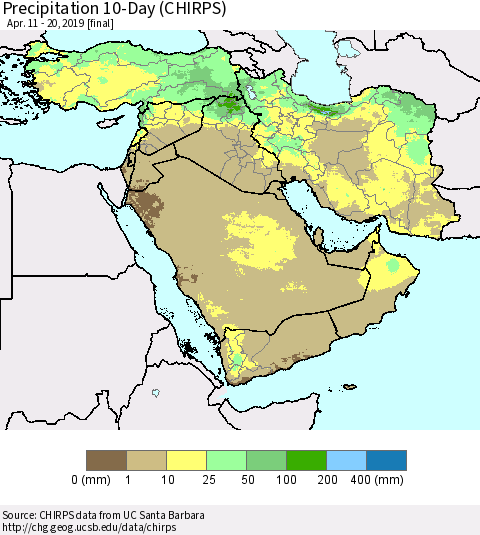 Middle East and Turkey Precipitation 10-Day (CHIRPS) Thematic Map For 4/11/2019 - 4/20/2019