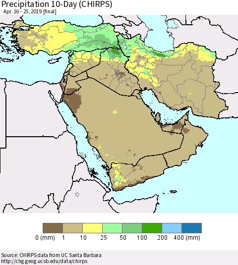 Middle East and Turkey Precipitation 10-Day (CHIRPS) Thematic Map For 4/16/2019 - 4/25/2019