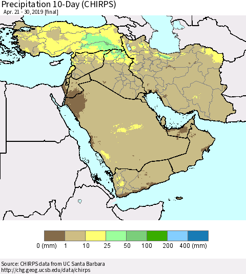 Middle East and Turkey Precipitation 10-Day (CHIRPS) Thematic Map For 4/21/2019 - 4/30/2019