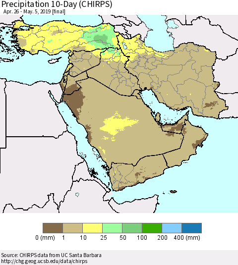Middle East and Turkey Precipitation 10-Day (CHIRPS) Thematic Map For 4/26/2019 - 5/5/2019