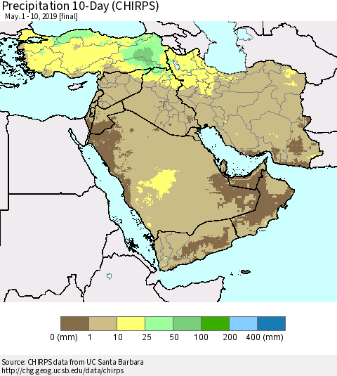 Middle East and Turkey Precipitation 10-Day (CHIRPS) Thematic Map For 5/1/2019 - 5/10/2019