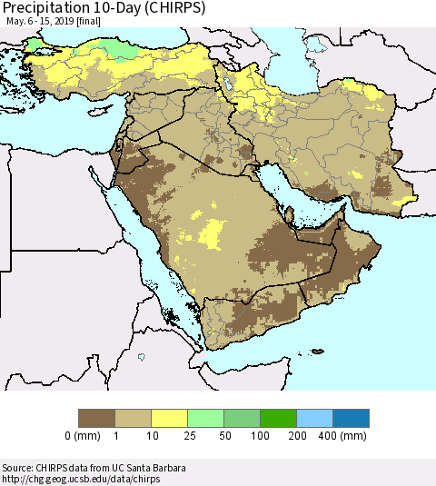 Middle East and Turkey Precipitation 10-Day (CHIRPS) Thematic Map For 5/6/2019 - 5/15/2019