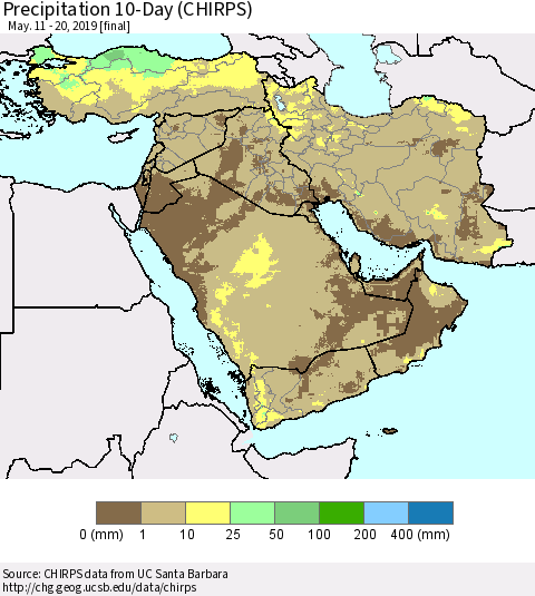 Middle East and Turkey Precipitation 10-Day (CHIRPS) Thematic Map For 5/11/2019 - 5/20/2019