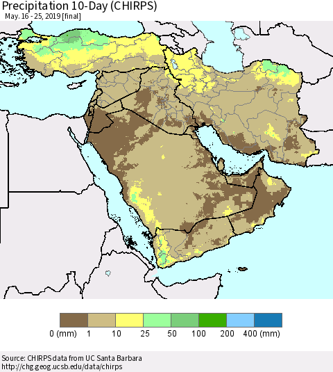 Middle East and Turkey Precipitation 10-Day (CHIRPS) Thematic Map For 5/16/2019 - 5/25/2019