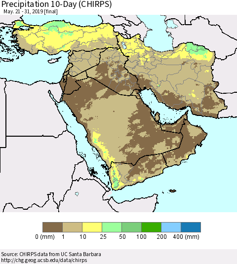 Middle East and Turkey Precipitation 10-Day (CHIRPS) Thematic Map For 5/21/2019 - 5/31/2019