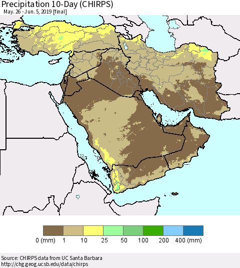 Middle East and Turkey Precipitation 10-Day (CHIRPS) Thematic Map For 5/26/2019 - 6/5/2019