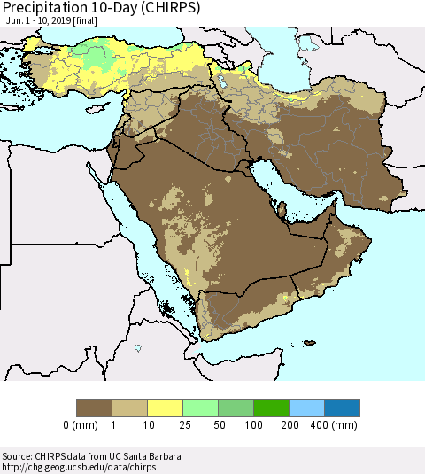 Middle East and Turkey Precipitation 10-Day (CHIRPS) Thematic Map For 6/1/2019 - 6/10/2019