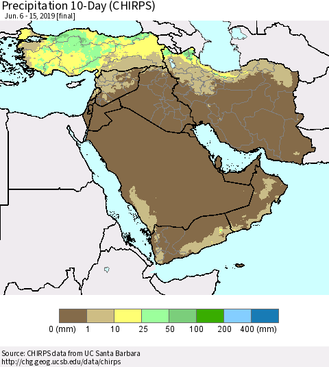 Middle East and Turkey Precipitation 10-Day (CHIRPS) Thematic Map For 6/6/2019 - 6/15/2019