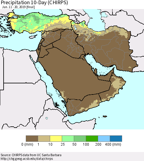 Middle East and Turkey Precipitation 10-Day (CHIRPS) Thematic Map For 6/11/2019 - 6/20/2019