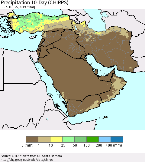 Middle East and Turkey Precipitation 10-Day (CHIRPS) Thematic Map For 6/16/2019 - 6/25/2019