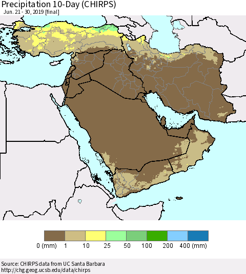 Middle East and Turkey Precipitation 10-Day (CHIRPS) Thematic Map For 6/21/2019 - 6/30/2019