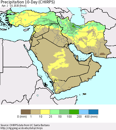 Middle East and Turkey Precipitation 10-Day (CHIRPS) Thematic Map For 4/1/2020 - 4/10/2020