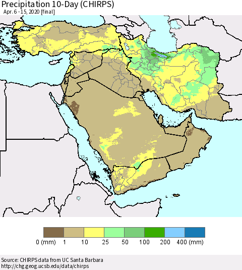 Middle East and Turkey Precipitation 10-Day (CHIRPS) Thematic Map For 4/6/2020 - 4/15/2020