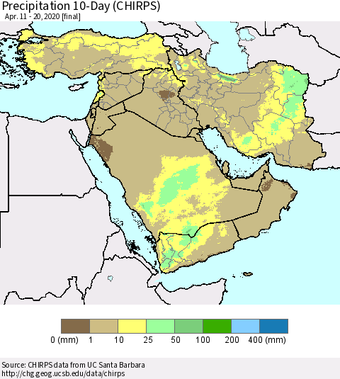 Middle East and Turkey Precipitation 10-Day (CHIRPS) Thematic Map For 4/11/2020 - 4/20/2020