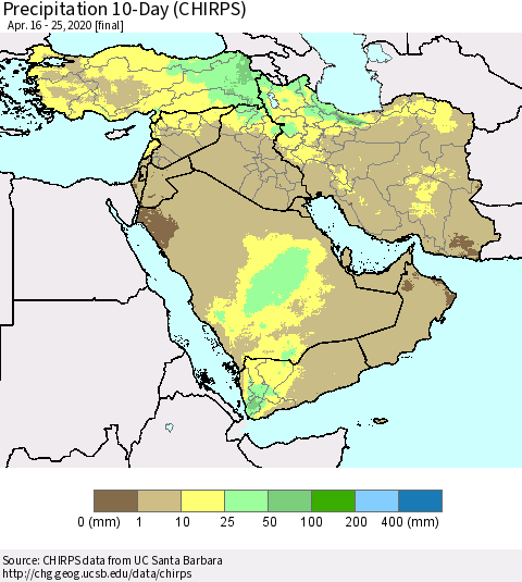 Middle East and Turkey Precipitation 10-Day (CHIRPS) Thematic Map For 4/16/2020 - 4/25/2020