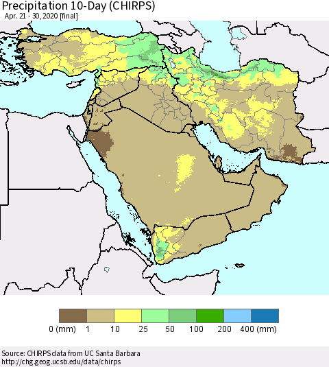 Middle East and Turkey Precipitation 10-Day (CHIRPS) Thematic Map For 4/21/2020 - 4/30/2020