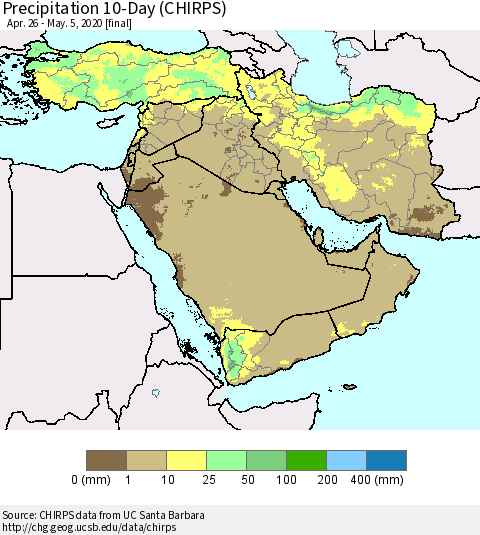 Middle East and Turkey Precipitation 10-Day (CHIRPS) Thematic Map For 4/26/2020 - 5/5/2020