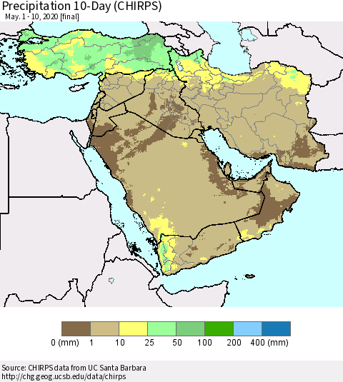 Middle East and Turkey Precipitation 10-Day (CHIRPS) Thematic Map For 5/1/2020 - 5/10/2020