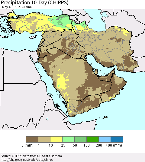 Middle East and Turkey Precipitation 10-Day (CHIRPS) Thematic Map For 5/6/2020 - 5/15/2020