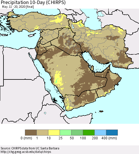 Middle East and Turkey Precipitation 10-Day (CHIRPS) Thematic Map For 5/11/2020 - 5/20/2020