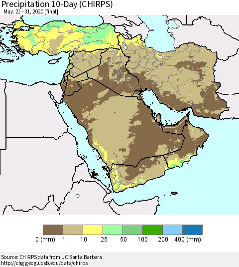 Middle East and Turkey Precipitation 10-Day (CHIRPS) Thematic Map For 5/21/2020 - 5/31/2020