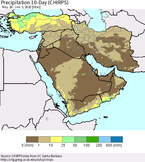 Middle East and Turkey Precipitation 10-Day (CHIRPS) Thematic Map For 5/26/2020 - 6/5/2020