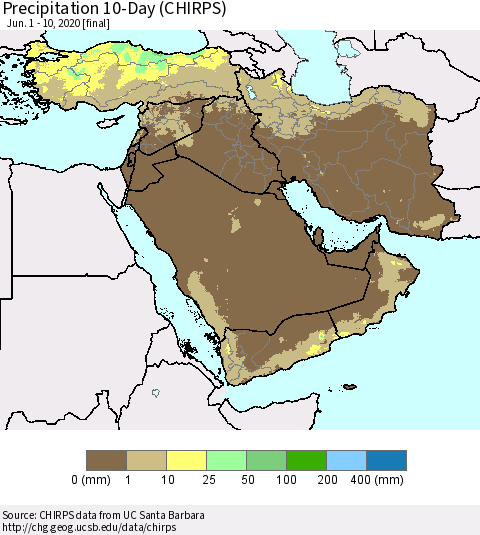 Middle East and Turkey Precipitation 10-Day (CHIRPS) Thematic Map For 6/1/2020 - 6/10/2020