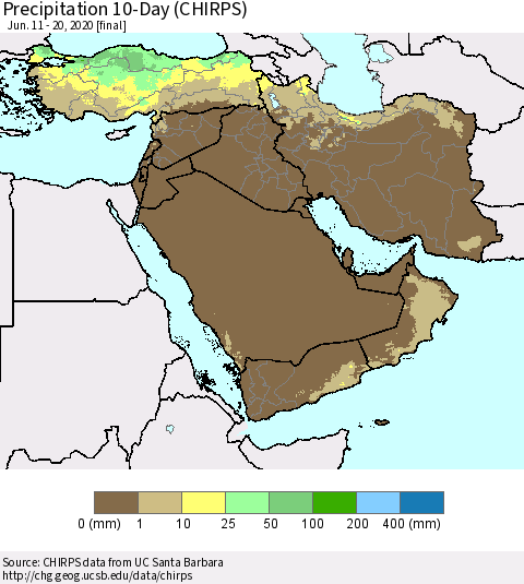 Middle East and Turkey Precipitation 10-Day (CHIRPS) Thematic Map For 6/11/2020 - 6/20/2020