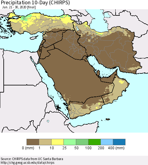 Middle East and Turkey Precipitation 10-Day (CHIRPS) Thematic Map For 6/21/2020 - 6/30/2020