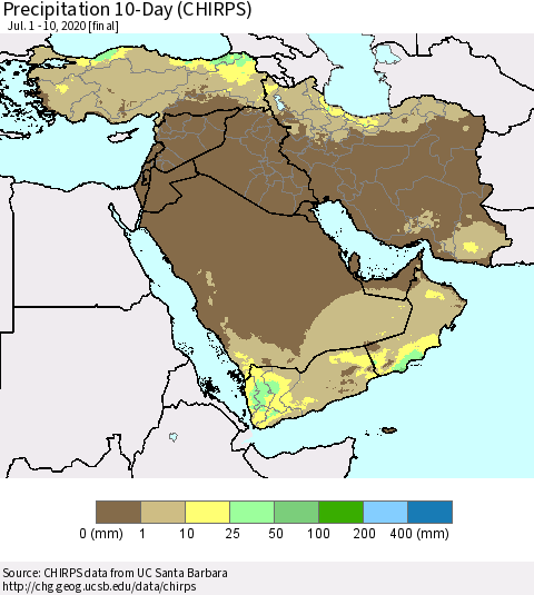 Middle East and Turkey Precipitation 10-Day (CHIRPS) Thematic Map For 7/1/2020 - 7/10/2020