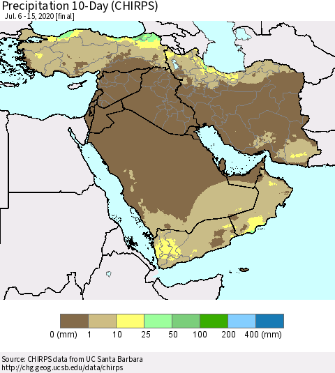 Middle East and Turkey Precipitation 10-Day (CHIRPS) Thematic Map For 7/6/2020 - 7/15/2020