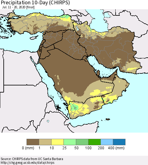 Middle East and Turkey Precipitation 10-Day (CHIRPS) Thematic Map For 7/11/2020 - 7/20/2020