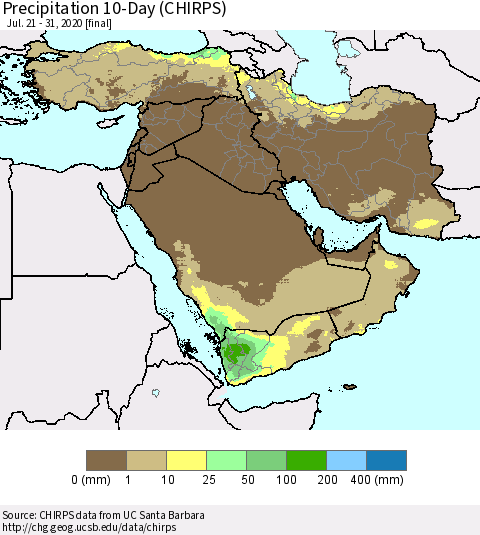 Middle East and Turkey Precipitation 10-Day (CHIRPS) Thematic Map For 7/21/2020 - 7/31/2020