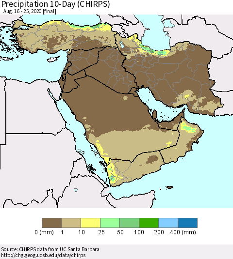 Middle East and Turkey Precipitation 10-Day (CHIRPS) Thematic Map For 8/16/2020 - 8/25/2020
