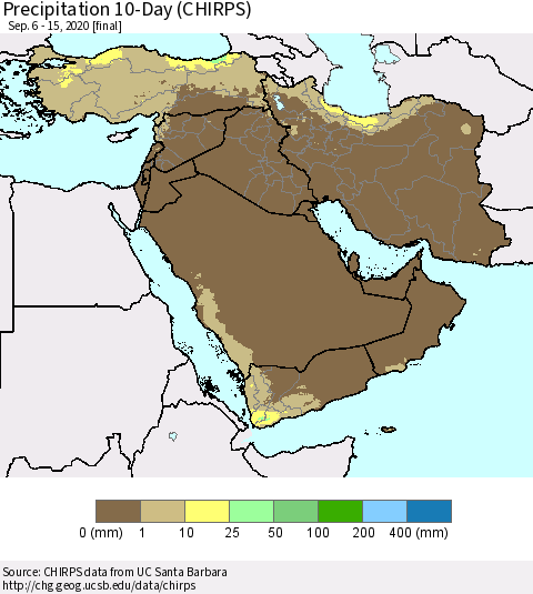 Middle East and Turkey Precipitation 10-Day (CHIRPS) Thematic Map For 9/6/2020 - 9/15/2020