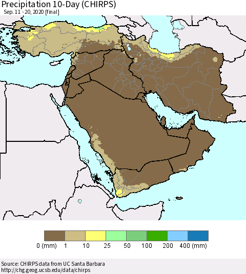 Middle East and Turkey Precipitation 10-Day (CHIRPS) Thematic Map For 9/11/2020 - 9/20/2020