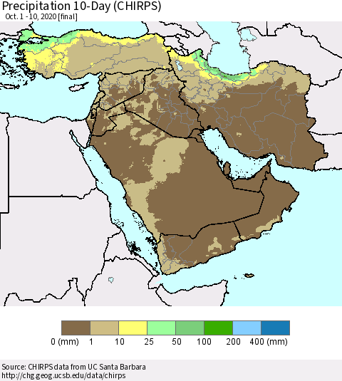 Middle East and Turkey Precipitation 10-Day (CHIRPS) Thematic Map For 10/1/2020 - 10/10/2020