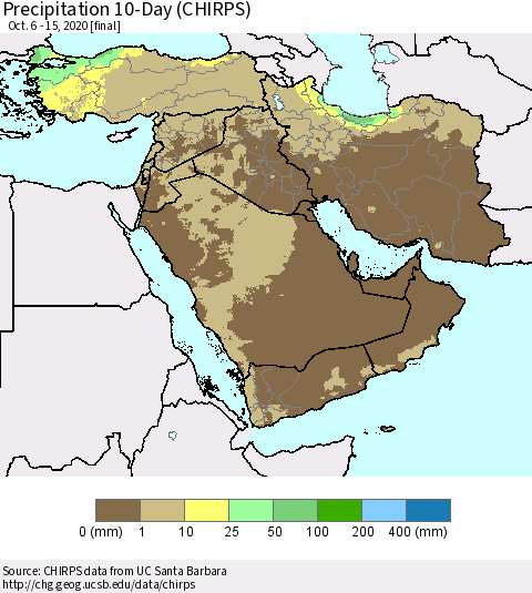 Middle East and Turkey Precipitation 10-Day (CHIRPS) Thematic Map For 10/6/2020 - 10/15/2020