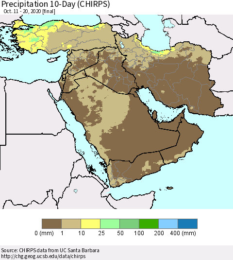 Middle East and Turkey Precipitation 10-Day (CHIRPS) Thematic Map For 10/11/2020 - 10/20/2020