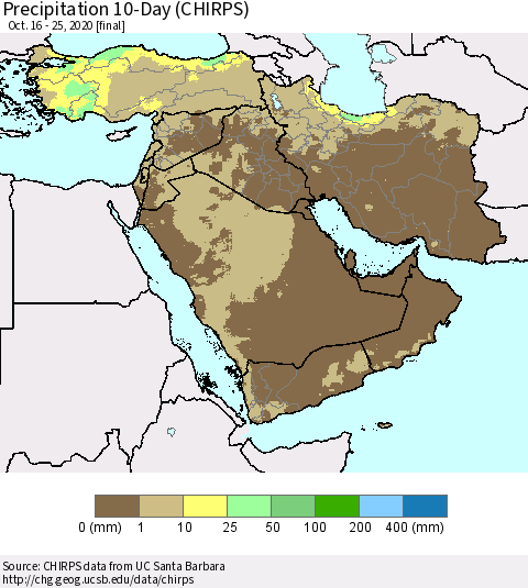 Middle East and Turkey Precipitation 10-Day (CHIRPS) Thematic Map For 10/16/2020 - 10/25/2020