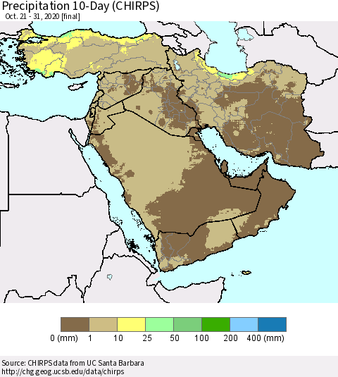 Middle East and Turkey Precipitation 10-Day (CHIRPS) Thematic Map For 10/21/2020 - 10/31/2020