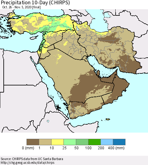 Middle East and Turkey Precipitation 10-Day (CHIRPS) Thematic Map For 10/26/2020 - 11/5/2020