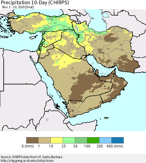 Middle East and Turkey Precipitation 10-Day (CHIRPS) Thematic Map For 11/1/2020 - 11/10/2020