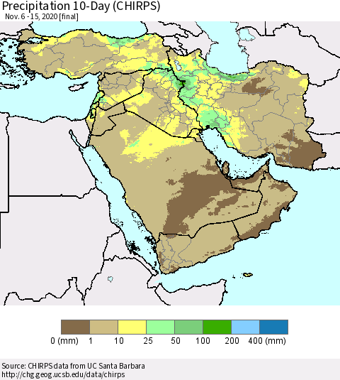 Middle East and Turkey Precipitation 10-Day (CHIRPS) Thematic Map For 11/6/2020 - 11/15/2020