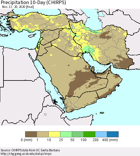 Middle East and Turkey Precipitation 10-Day (CHIRPS) Thematic Map For 11/11/2020 - 11/20/2020