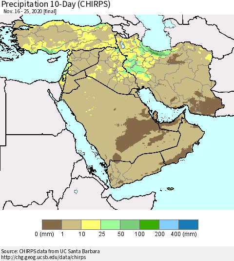 Middle East and Turkey Precipitation 10-Day (CHIRPS) Thematic Map For 11/16/2020 - 11/25/2020
