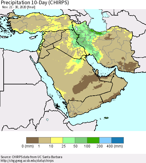 Middle East and Turkey Precipitation 10-Day (CHIRPS) Thematic Map For 11/21/2020 - 11/30/2020