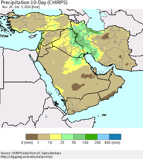 Middle East and Turkey Precipitation 10-Day (CHIRPS) Thematic Map For 11/26/2020 - 12/5/2020